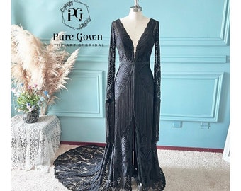 Black Wedding Dress, Plunging V Neck Lace Tassels Sleeve Hippie Style Bohemian Bridal Gown, Long Sleeve Open Back Elopement Dress, Boho Gown