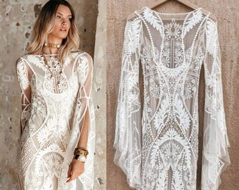 Boho Wedding Dress, Vintage Lace Mermaid Dress, Flared Sleeve Open Back Wedding Dress, Bohemian Wedding Gown , Elopement Hippie Dress