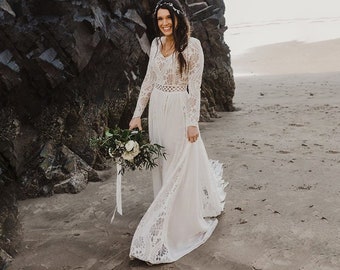 Bohemian Beach Elopement Backless Wedding Dress Chiffon Long Sleeves V-Neck Lace Boho Bridal Gown Hippie Wedding Dress