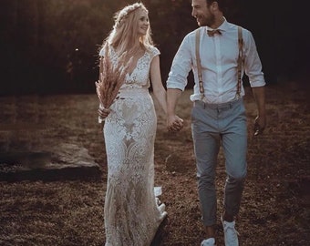 Lace Boho Wedding Dress Vintage V Neck Cap Sleeves Open Back Custom Made Sheath Rustic Backless Bohemian Bridal Gown, Elopement Party Gown