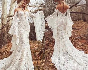 Long Boho Sleeves Wedding Dress Bold Lace Bohemian Bridal Gowns , Lace Wedding Dress, Bohemian Wedding Gown for Bride, Mermaid Wedding Dress