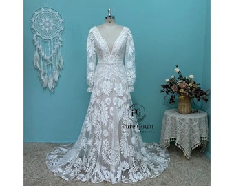 Boho Lace Long Sleeve  Wedding Dress Unique Lace Boho Wedding Dress Chic Deep V Open Back Tassel Puff Sleeve Vintage Bridal Gowns