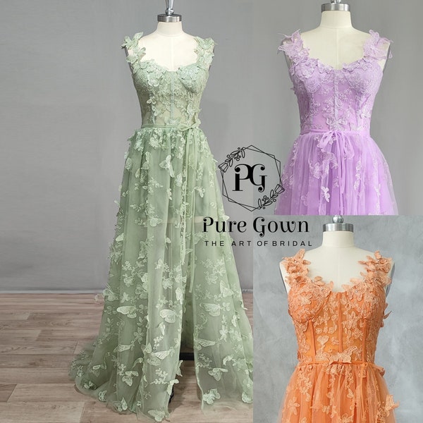 3D Butterflies Sage Green Tulle Prom Dress Sweetheart A Line High Slit Fairy Evening Gown, Sleeveless Romantic Prom Gown Fairy Tale Dress