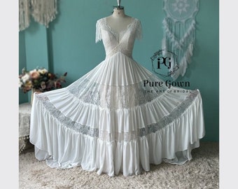 Bohemia Beach Wedding Dress Elegant Lace Short Sleeve Chiffon Chic Open Back Bridal Boho Gowns Party Dress Elopement Gown