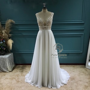 Plunging Neckline 3D Floral Lace Open Back Chiffon A Line Wedding Dress Rustic Bridal Beach Wedding Gown Elopement Dress