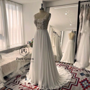 Boho Wedding Dress Elegant Square Neck Leaf Lace Sparkling Embroidery Chiffon A Line Wedding Dresses Garden Bridal Gowns  Evening Prom Dress