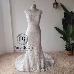 Bohemian Wedding Gown Unique Lace Mermaid Wedding Dress Boho Elegant Open Back Short Sleeve Chic Bridal Gowns