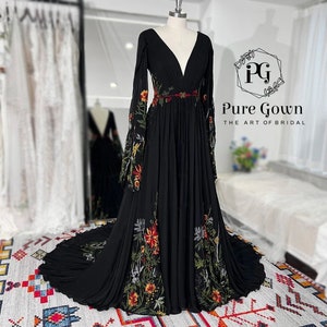 Black Wedding Dress Boho Colourful Embroidery Floral Lace  Texture Pleated Crepe Chiffon Forest Boho Bridal Gowns  Fairy Tale Wedding Dress