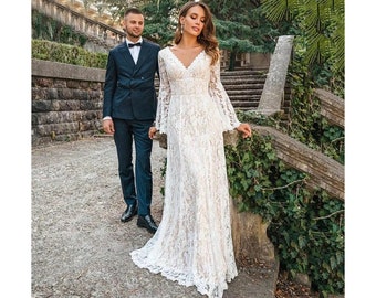 Bohemian Lace Long Bell  Sleeves Rustic Wedding Dress  Plunge V Neck Floral Lace Wedding Dress With Tasselled Ties Back Boho Bridal Gowns