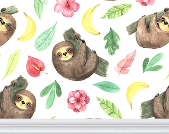 Sloth Floral Peel and Stick Nursery Wallpaper