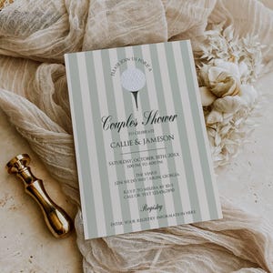Invitaciones para despedida de soltera con temática de golf: Rayas marfil y verdes (Plantilla imprimible de Corjl, descarga digital editable)