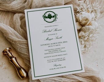 Claddagh Bridal Shower Invitations: Celtic Shamrock, Hunter Green (Printable Corjl Template, Editable Digital Download)