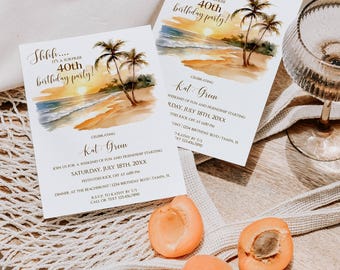 Beach Sunset Birthday Party Invitations: 40th Tropical Palm Tree Design (Printable Corjl Template, Editable Digital Download)