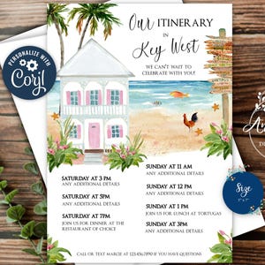 Key West Wedding Itinerary Template, Key West Birthday Itinerary Template, Key West Beach Weekend, Edit with Corjl to Print, Email or Text!