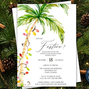 Palm Tree Beach Christmas Holiday Party Invitation Template, Festive Lights Coastal Christmas, Edit in Corjl to Print at Home, Email, Text