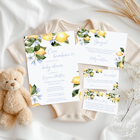 Lemon Baby Shower Invitation Set: Ciao Bambino, Gender Neutral, Digital Download