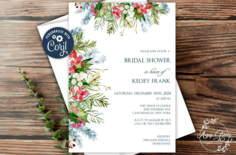 Winter Bridal Shower Invitation Template, Holiday Bridal Shower, Pine