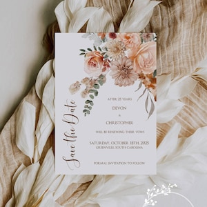 Vow Renewal Save the Date: Peach, Brown, Eucalyptus Design (Digital Download, Corjl Template)