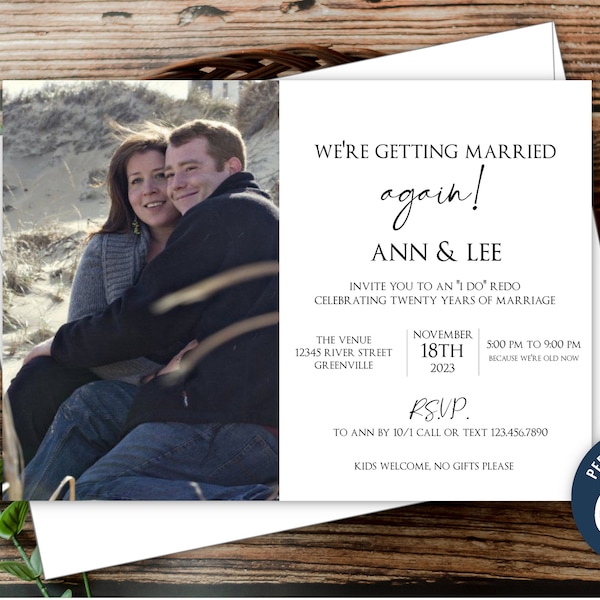 Photo Vow Renewal Invitation Template. We're Getting Married Again, I Do Redo. Personalize w/Corjl to Print at Home, Email or Text!