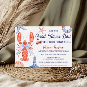 Seafood 40th Birthday Party Invitations, Corjl Template, Lobster Boil, Low Country Boil, Maine, New England, Edit to Print, Email or Text