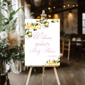 Pink Ciao Bambina Tuscany Amalfi Lemon Baby Shower Welcome Sign Template. 18" x 24" Sign. Personalize w/ Corjl, Print Locally. Pink Lemons.