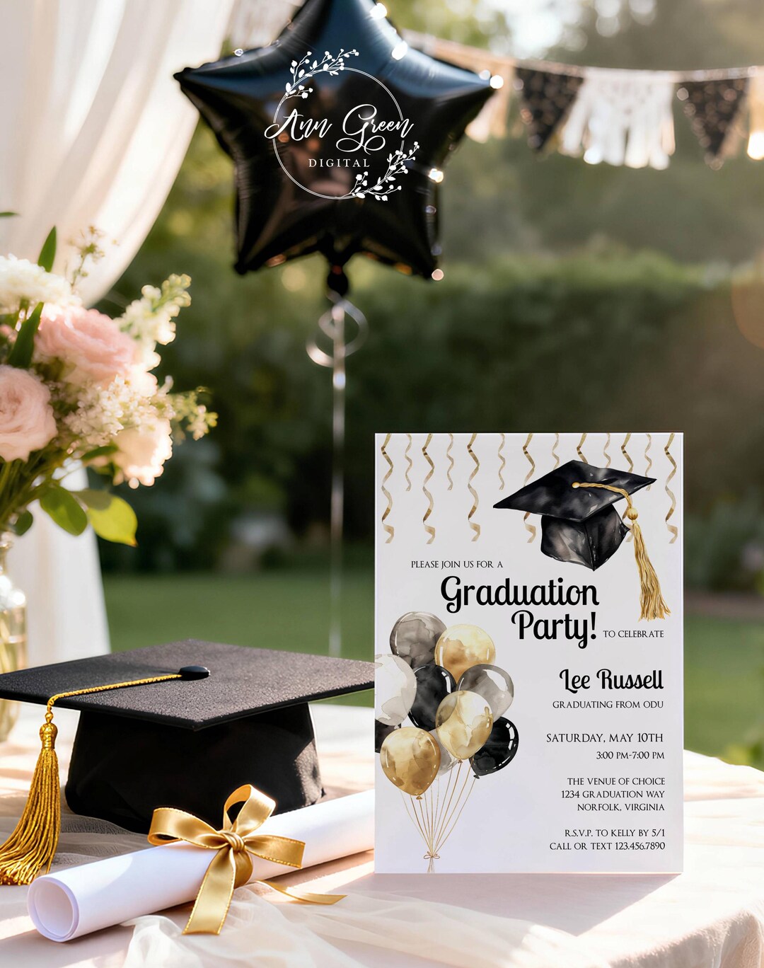Black and Gold Graduation Party Invitations: Class of 2026 (corjl ...