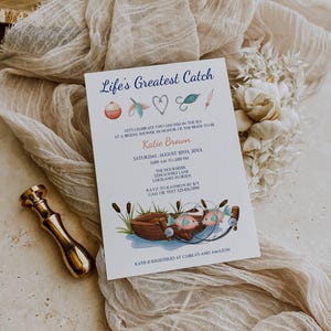 Fishing Bridal Shower Invitations: Two Less Fish, She's Hooked (Printable Corjl Template, Editable Digital Download)