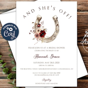 Burgundy Horseshoe Derby Inspired Bridal Shower Invitation Template, Horseshoe with Flowers, Personalize with Corjl to Print, Email or Text!