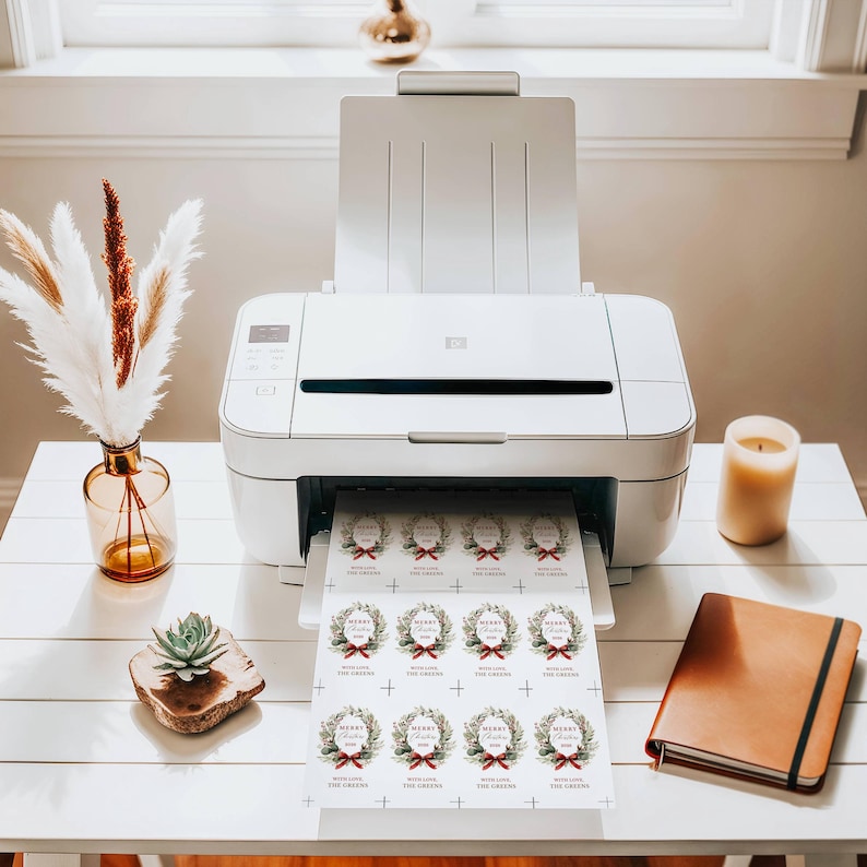 May include: A white desktop printer outputting a sheet of paper with twelve printed circular labels. Each label features a green wreath illustration, a red bow, and the text Merry Christmas with Love, The Greens. The printer sits on a white table.