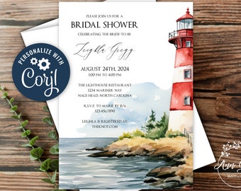 Lighthouse Bridal Shower Invitation Template, Love Lights the Way, Adjustable Wording, Personalize on Corjl to Print at Home, Email or Text!