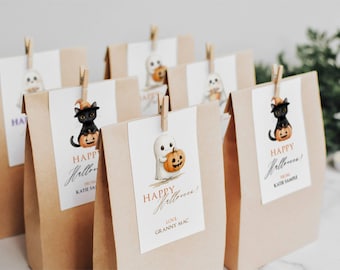 Editable Halloween Favor or Gift Tags: Ghosts, Pumpkins and Black Cat, Corjl Template (2" x 3.5")