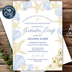 Beach Theme Graduation Party Invitation Template, Next Chapter at the Beach, Seashells, Starfish, Sandcastle, Florida, Corjl Template
