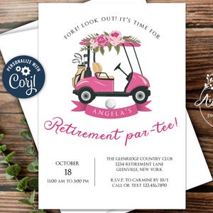 Pink Golf Retirement Party Invitation, Pink Golf Cart, Woman Golfer, Change to ANY Event, Editable with Corjl to Print, Email or Text!