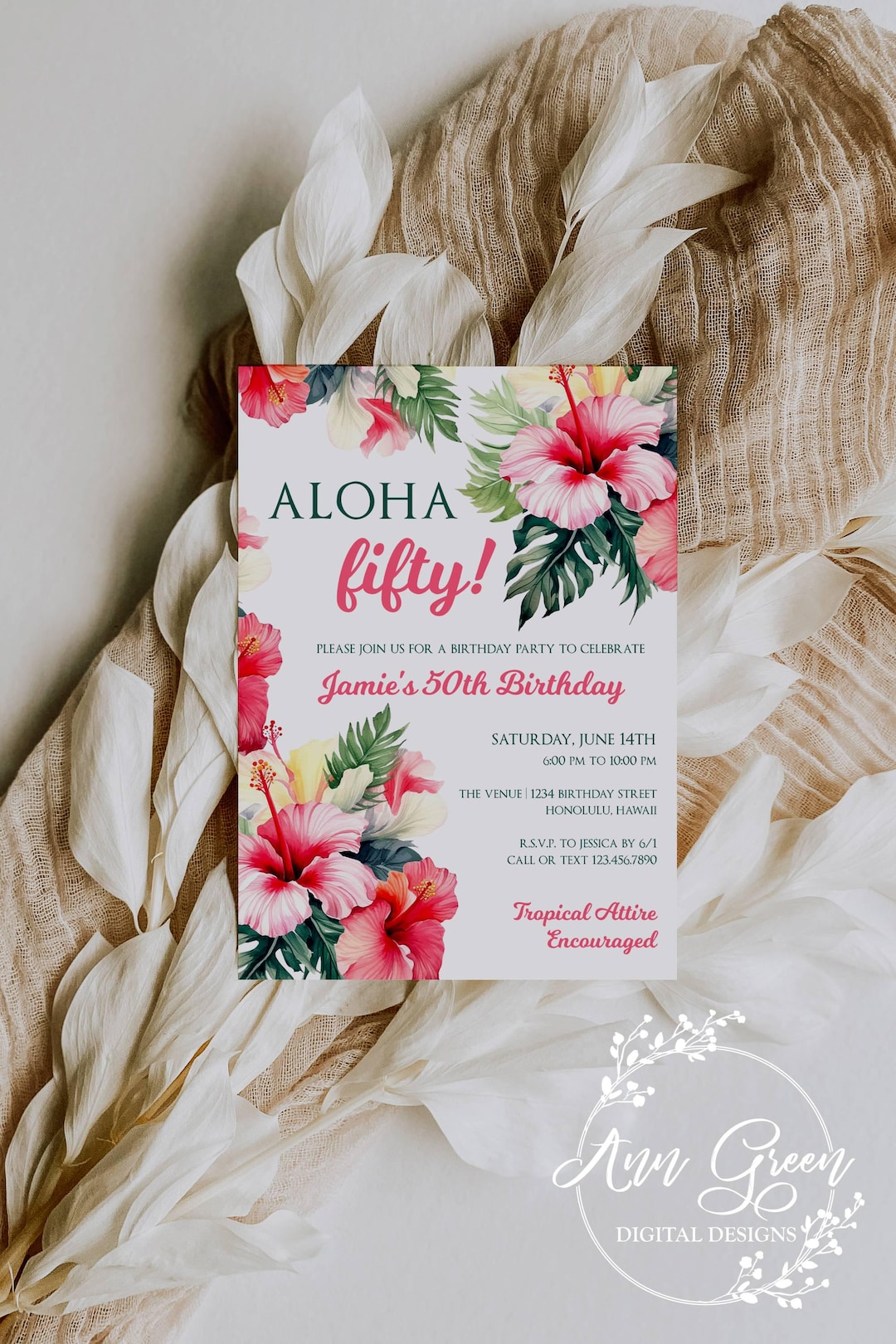 Hawaiian 50th Birthday Party Invitations, Aloha 50 Corjl Template ...