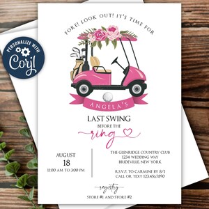 Girl Golfer Bridal Shower Invitation Template, Girl's Golf Weekend, Last Swing Before the Ring, Pink Golf Cart, Edit to Print, Email or Text
