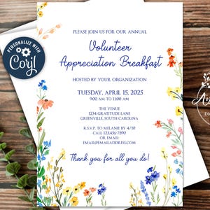 Editable Spring Volunteer Appreciation Breakfast Template, Wildflowers, Gardening, Blooms | Editable in Corjl to Print, Email or Text!