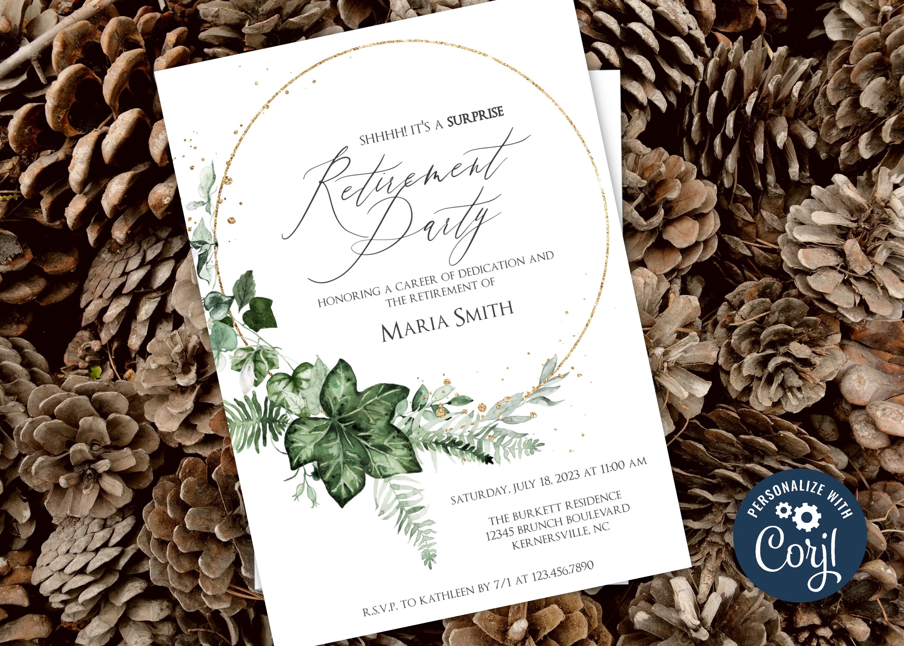 Surprise Retirement Party Invitation Template Green and Gold - Etsy