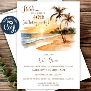 Beach Surprise 40th Birthday Party Invitation Template, 30th, 40th, 50th, Florida Beach Weekend, Edit with Corjl to Print, Email or Text!