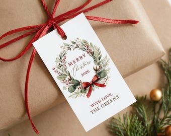 Editable Vintage Wreath Christmas Present Tags: 2026 Digital Download, Corjl Template (2" x 3.5")