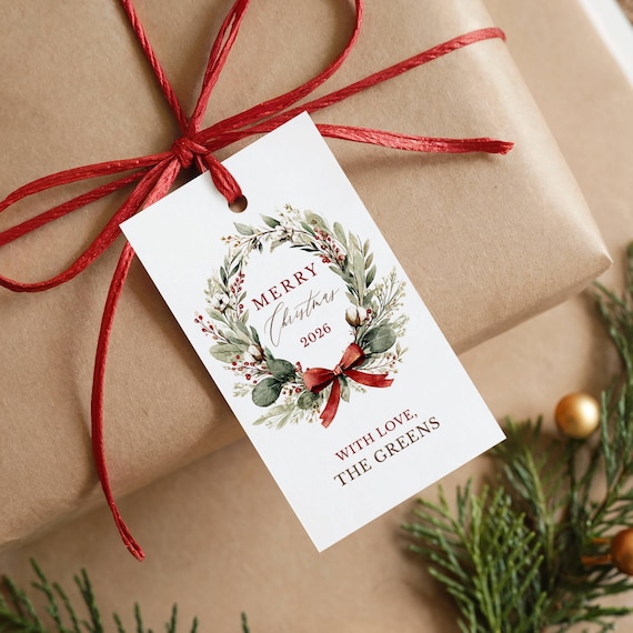 Editable Vintage Wreath Christmas Present Tags: 2026 Digital Download, Corjl Template (2" x 3.5")