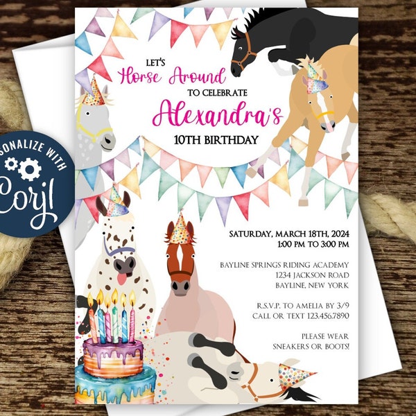 Editable Horse Birthday Party Invitation Template, Horses in Party Hats, Festive Colors, 5th, 6th, 7th, 8th, 9th, 10th, Print, Email, Text!