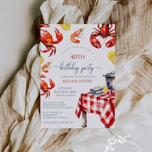 Seafood Low Country Boil 40th Birthday Party Invitations, Corjl Template, Beach, Crab, Shrimp, Seafood, Edit to Print, Email or Text