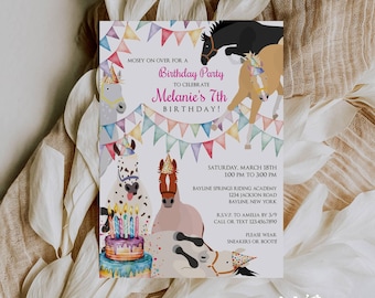 Festive Horse Birthday Party Invitations: 7th, Any Age (Digital Download, Corjl Template)