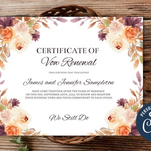 Editable Floral Vow Renewal Certificate Template, Plum, Orange, Ivory, 8" x 10" or 8.5" x 11". You Personalize to Print at Home.