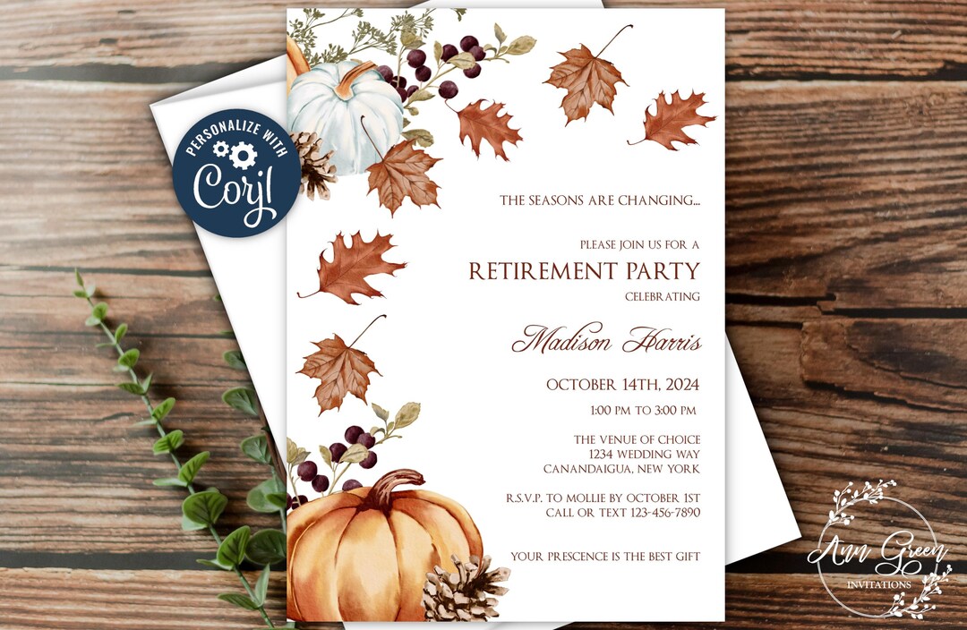 Fall Retirement Party Invitation Template, Fall Foliage, Pumpkins ...