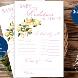 Pink Lemon Baby Shower Predictions and Advice Cards, Instant Download to Print at Home, Baby Girl, Ciao Italian Lemon Theme Baby Shower