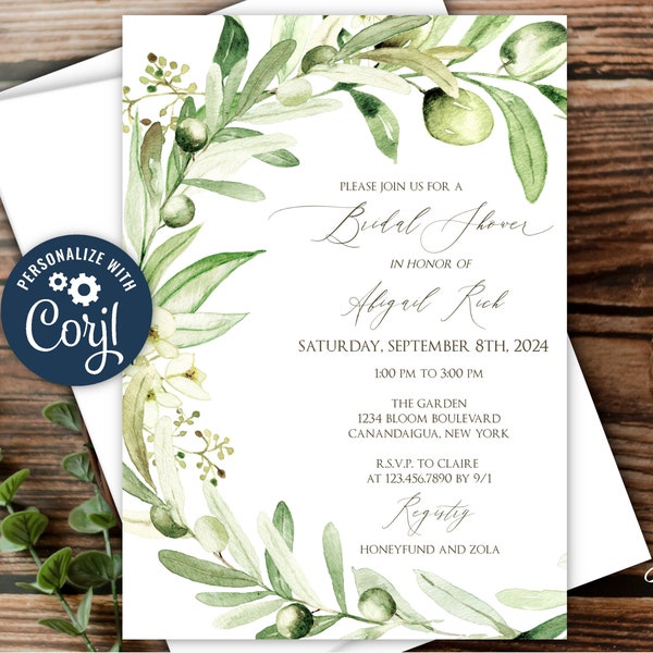 Mediterranean Inspired Olive Wreath Bridal Shower Invitation Template, Personalize with  Corjl to Print at Home, Email or Text!