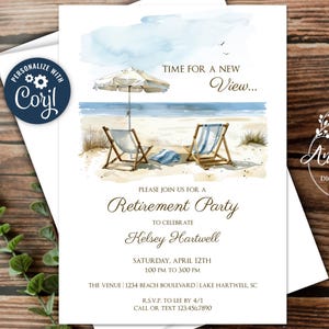 Beach Retirement Party Invitation Template, Beach Chairs, Sand, Umbrella, Ocean, Florida, Edit with Corjl to Print, Email or Text!