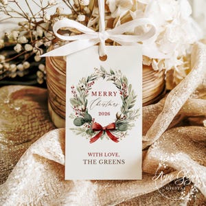 Editable Vintage Wreath Christmas Present Tags: Digital Download, Corjl Template (2" x 3.5")