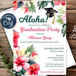 Tropical Graduation Party Invitation Template, Tropical Flowers, Luau, Hawaii, Florida, Beach Graduation Party, Edit to Print, Email, Text